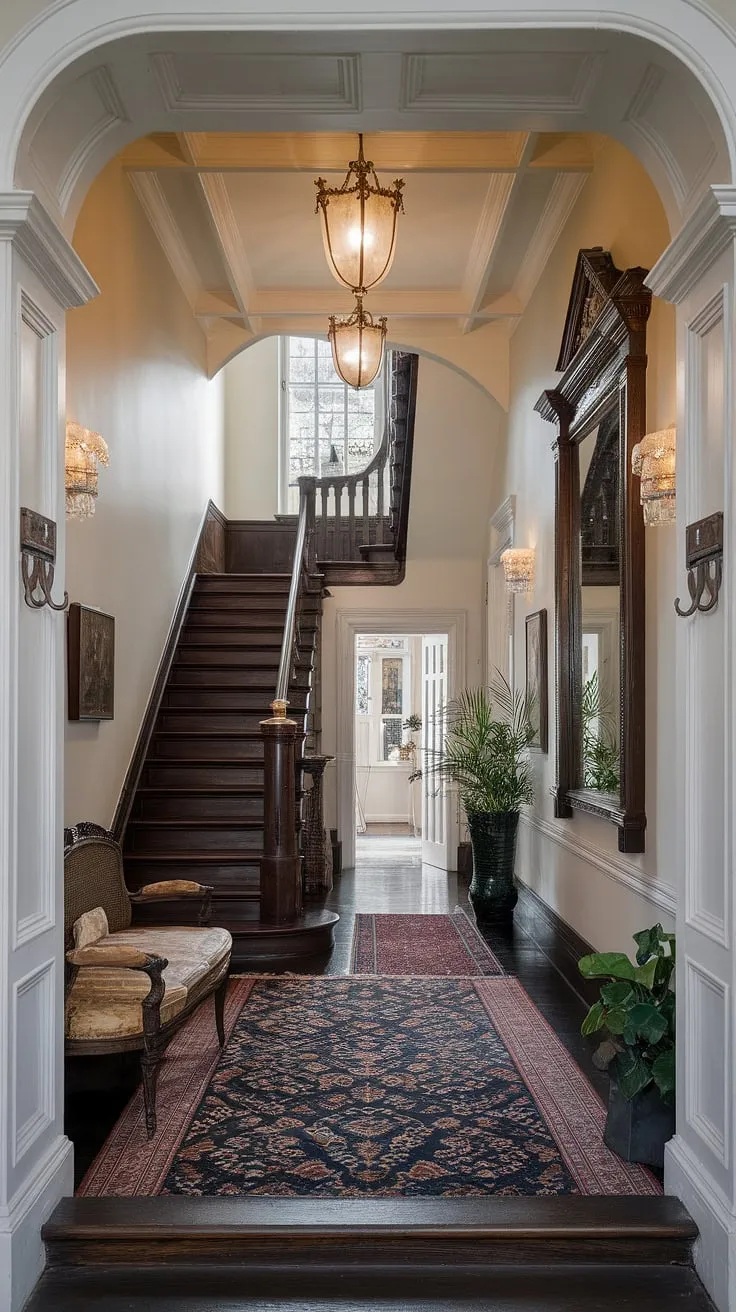 Step into a world of timeless elegance. This Victorian entrance hall, with its dark wood staircase, ornate mirror, and richly patterned rug, whispers tales of bygone eras. The grandeur of the space is undeniable, a testament to meticulous craftsmanship and enduring style. A perfect blend of history and home.