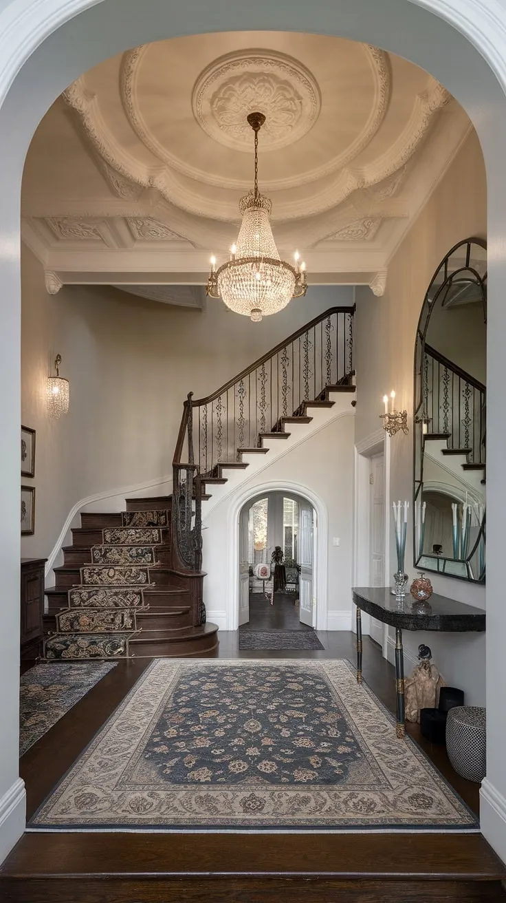 A captivating glimpse into Victorian opulence. This stunning entrance hall, complete with a magnificent staircase, ornate ceiling details, and a grand chandelier, exudes an air of refined luxury. A space where history meets modern appreciation, inviting you to linger and imagine the stories within its walls. A truly unforgettable scene.