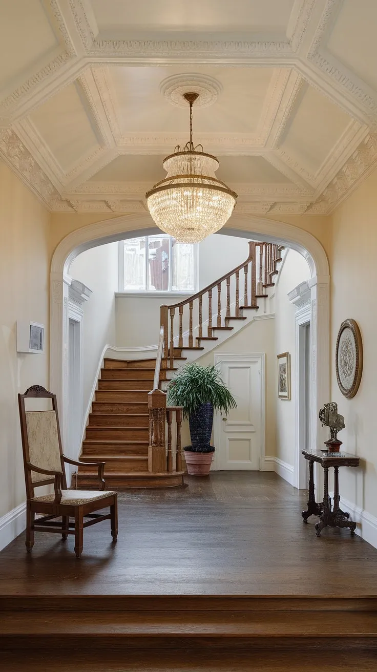 This Victorian entryway is a captivating scene of refined living. The light-filled space, adorned with exquisite architectural details, including the high ceilings and ornate moldings, creates an atmosphere of sophisticated charm. A comfortable chair and potted plant add a touch of warmth, while the dark wood floors and elegant chandelier enhance the overall sense of grandeur. A truly remarkable space.