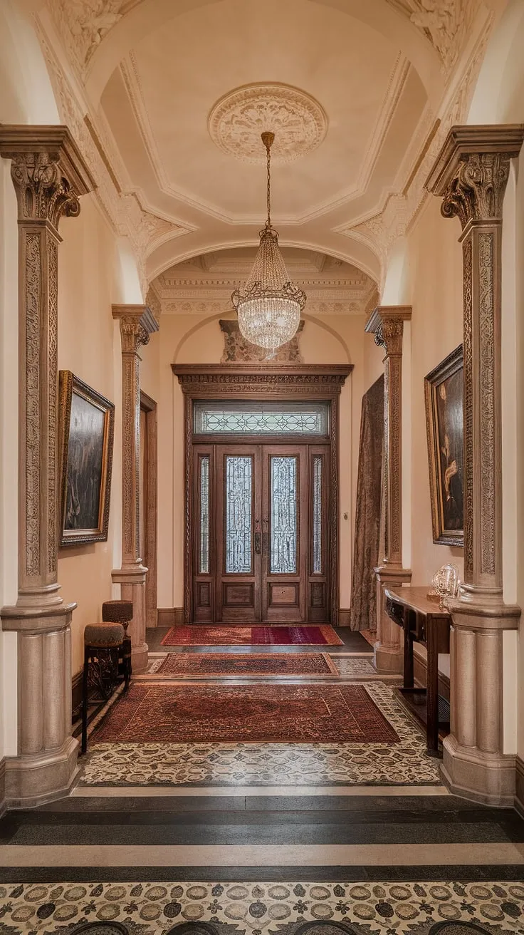 Step into a world of timeless elegance. The grandeur of this Victorian hallway, with its intricate carvings, ornate plasterwork, and warm lighting, is truly captivating. A testament to a bygone era, it whispers tales of lavish gatherings and cherished memories. A breathtaking entrance, a stunning home.