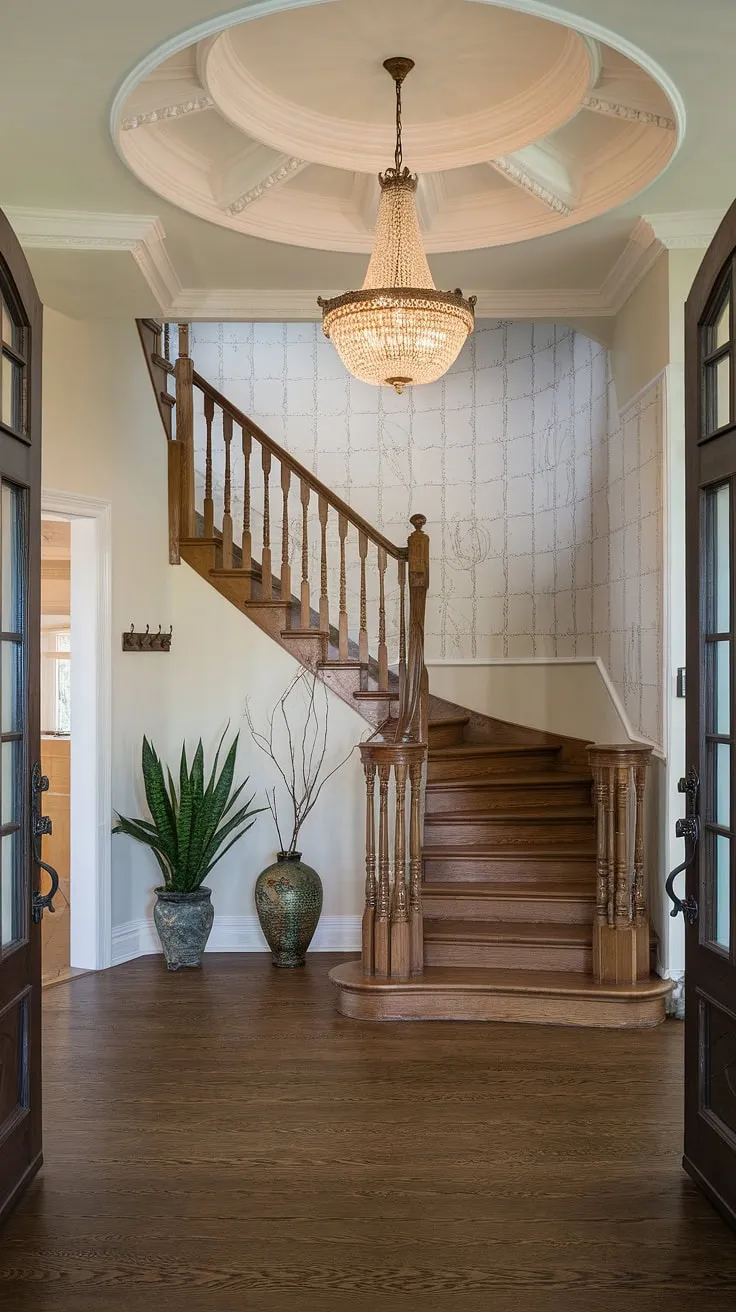 A captivating glimpse into a Victorian dream. The high ceilings, ornate staircase, and gleaming chandelier create an atmosphere of refined luxury. A sense of history permeates every detail, from the carved banister to the subtly placed decorative accents. A truly unforgettable entrance.