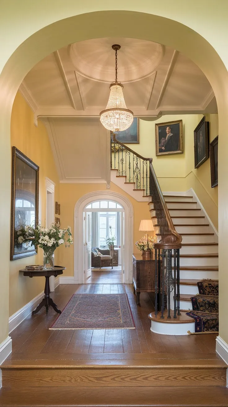 Step into a world of timeless elegance. The grandeur of this Victorian hallway, with its soaring ceilings and intricate ironwork, is simply breathtaking. A welcoming atmosphere is created by the soft yellow walls, the delicate floral arrangement, and the warm glow of the chandelier. A perfect blend of history and charm.