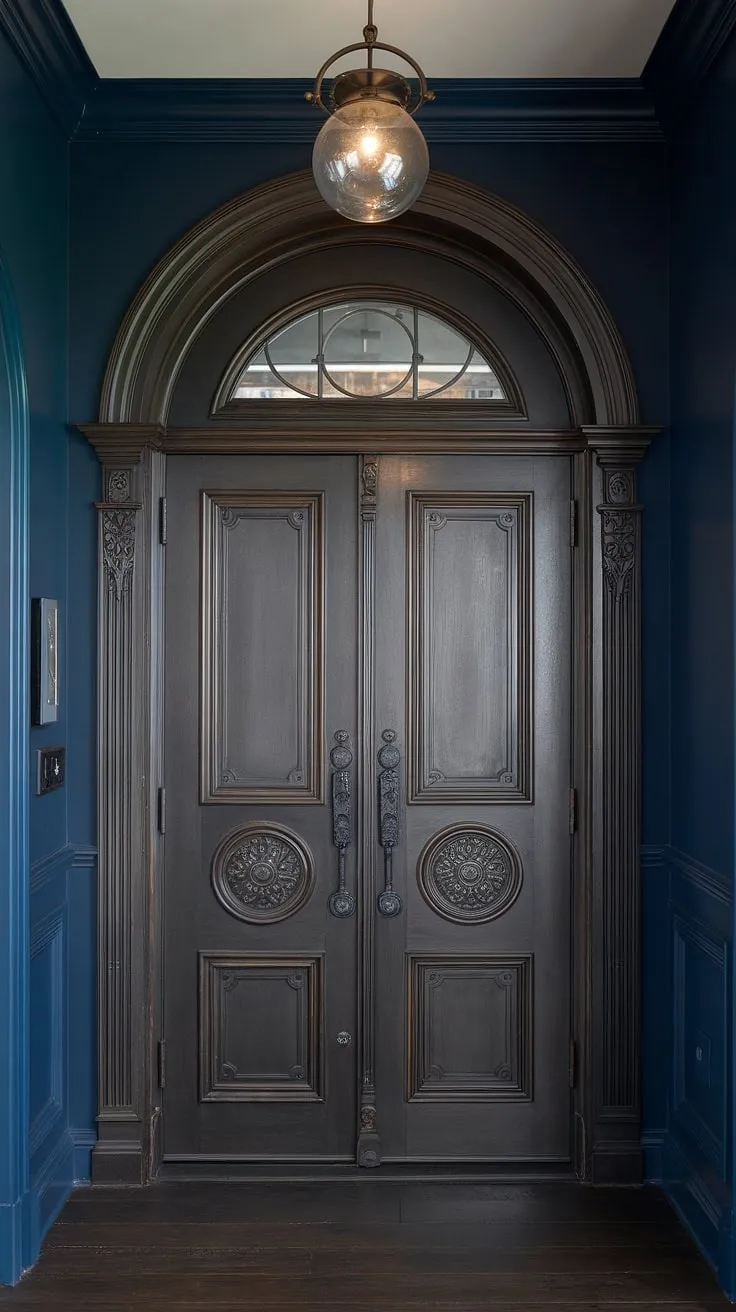 A dark and moody Victorian entryway, reimagined. The deep blue walls and dark wood floors provide a rich backdrop for the ornate door, while the modern light fixture adds a touch of unexpected elegance. A space where history whispers and modern life unfolds. A truly unique and inspiring home.