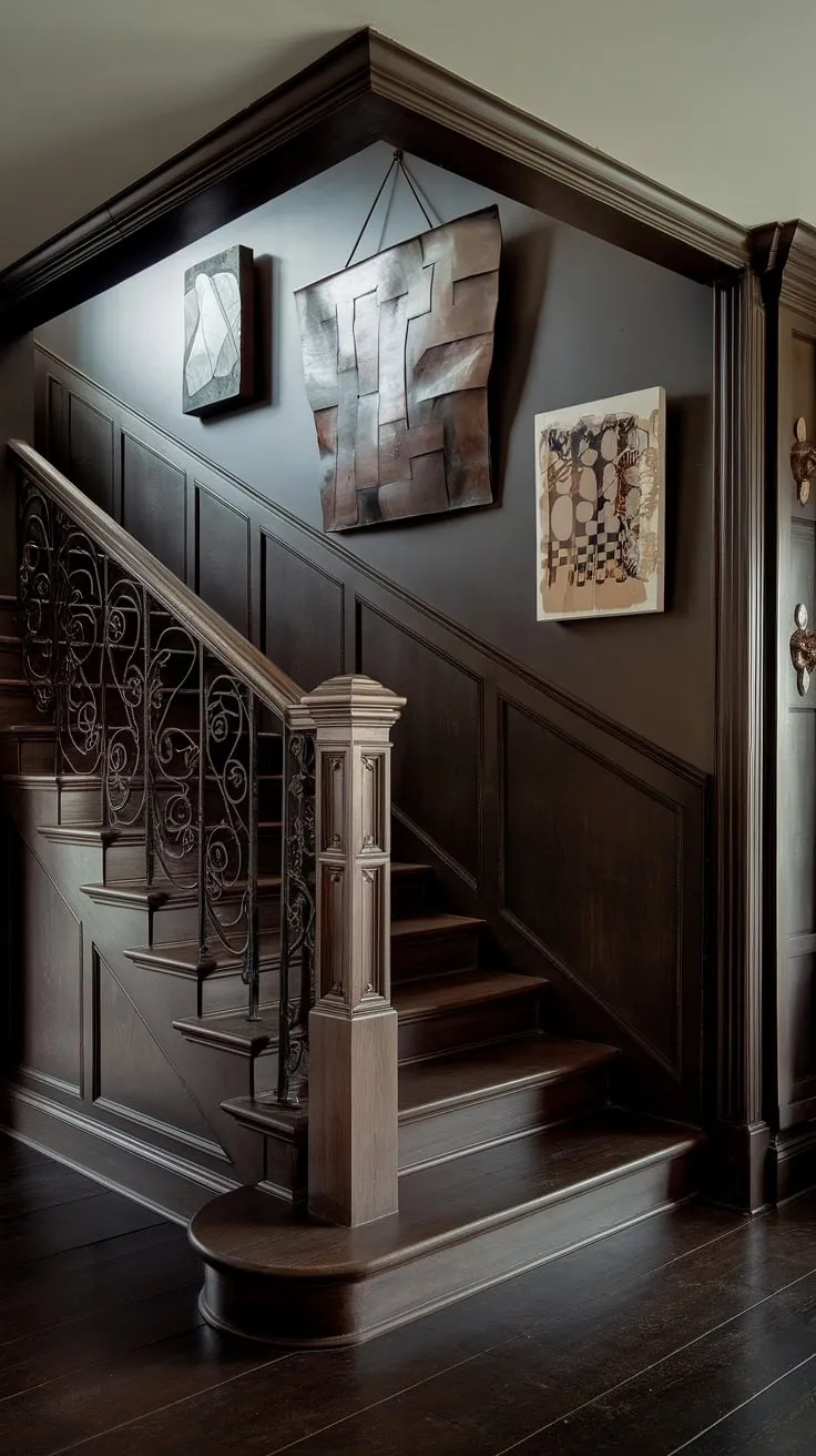 Where history whispers and modernity sings. A dramatic Victorian entryway, softened by subtle lighting and punctuated by bold contemporary art, creates a captivating blend of eras. The dark wood paneling and wrought iron staircase offer a timeless elegance, while the unexpected art pieces inject a vibrant, fresh energy.