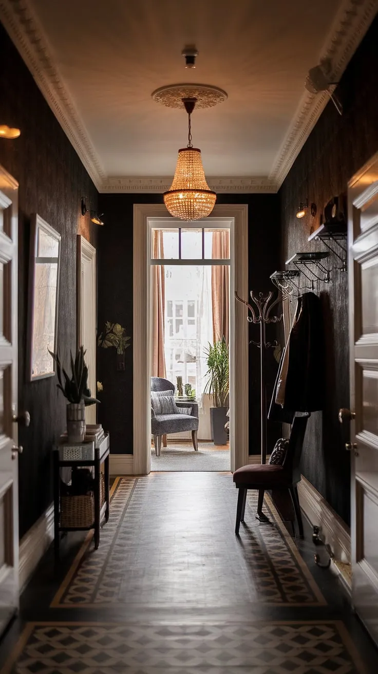A dramatic Victorian hallway, reimagined. The high ceilings and intricate detailing are beautifully complemented by the sleek, modern furniture and artwork. A perfect example of how to seamlessly integrate contrasting styles, resulting in a space that is both elegant and inviting. A stunning blend of history and contemporary living.