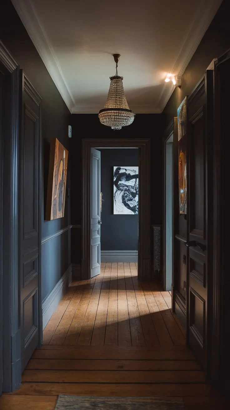 A dimly lit hallway, a symphony of textures and styles. Dark wood floors meet sleek, modern art, all under the soft glow of a classic chandelier. A space where history and innovation coexist, creating an ambiance both intriguing and inviting.