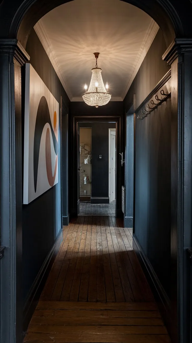 Where Victorian elegance meets modern minimalism. A striking juxtaposition of textures and styles, illuminated by a dramatic chandelier, creates a hallway that's both timeless and utterly contemporary. The interplay of light and shadow, the unexpected art piece, and the simple functionality of the hooks all contribute to a space that's uniquely A.