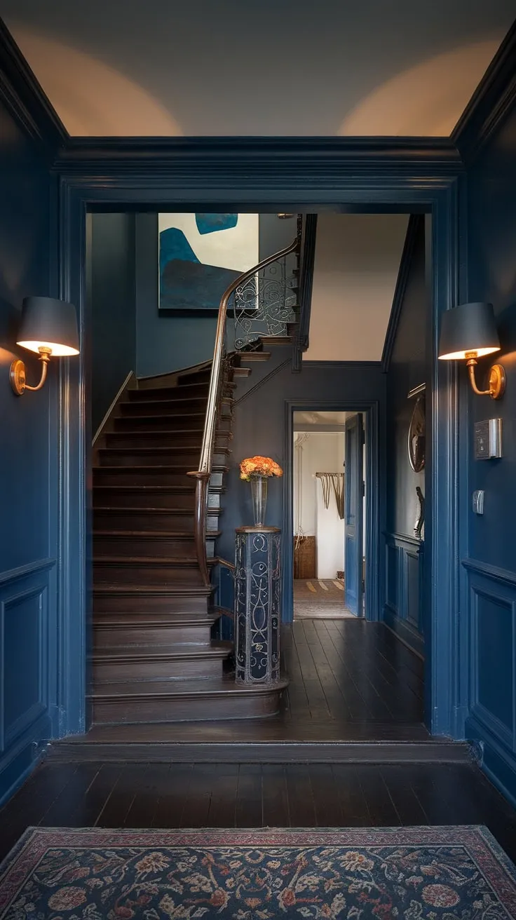 Where Victorian elegance meets modern minimalism. The deep blue walls and dramatic staircase, accented by contemporary art and subtle lighting, create an atmosphere of sophisticated intrigue. A captivating blend of old and new, this home whispers stories of the past while embracing the present.