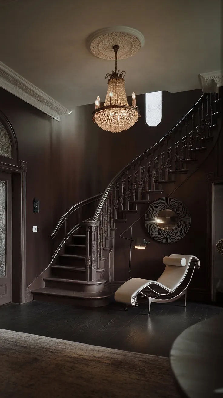 Where old-world grandeur meets contemporary comfort. The juxtaposition of a stately Victorian entryway with its intricate details and a sleek, modern chaise lounge creates a captivating blend of eras. A testament to the enduring beauty of classic architecture and the effortless chic of modern design. A truly unique space.