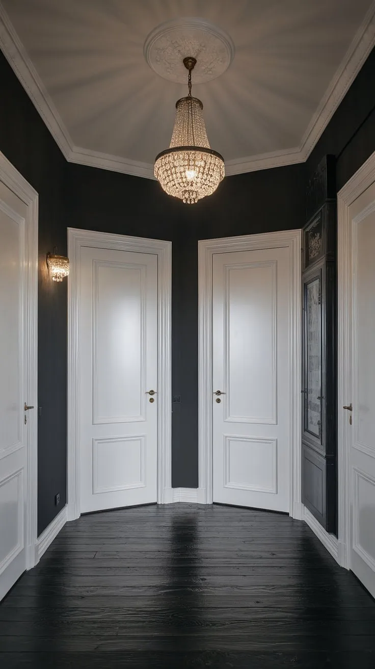 A dimly lit hallway, steeped in the moody elegance of a modern Victorian aesthetic. The dark grey walls, polished dark wood floors, and a dramatic chandelier create a sense of mystery and sophistication. White doors stand in stark contrast, offering a glimpse into the rooms beyond, while a wall-mounted light fixture adds a touch of practical artistry.