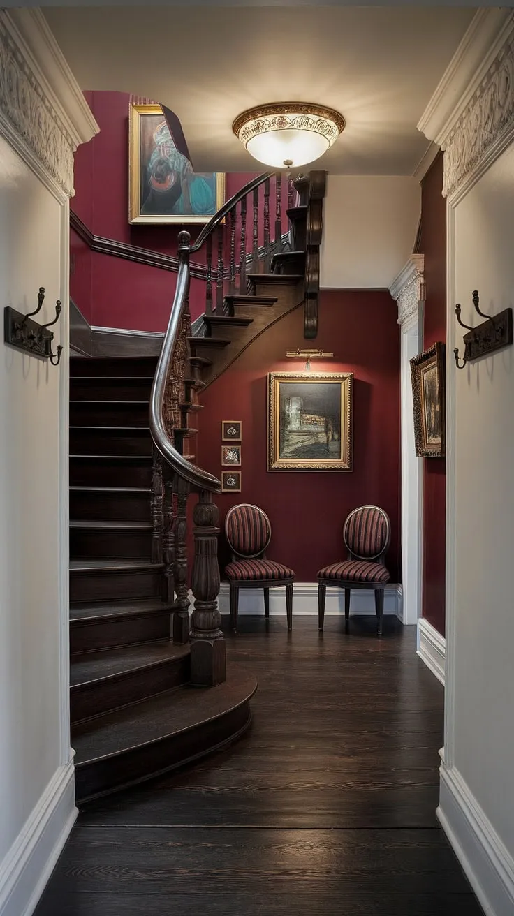 Dark wood and crimson walls whisper tales of old, yet the clean lines and modern lighting fixture create a captivating contrast. A masterful blend of Victorian grandeur and contemporary elegance, this entryway is a testament to timeless design. A space where history meets modernity, where the past informs the present, and where every detail speaks volumes.