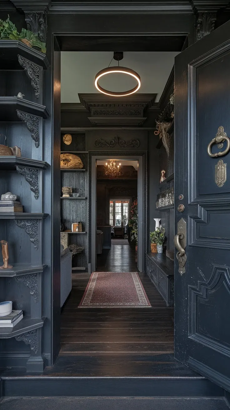A dramatic juxtaposition of eras: the weighty grandeur of Victorian architecture, with its carved door and ornate shelving, yields to the clean lines of a modern chandelier, creating a space where history and contemporary style coexist in captivating harmony. A testament to the enduring power of design, this entryway whispers tales of the past while embracing the present.