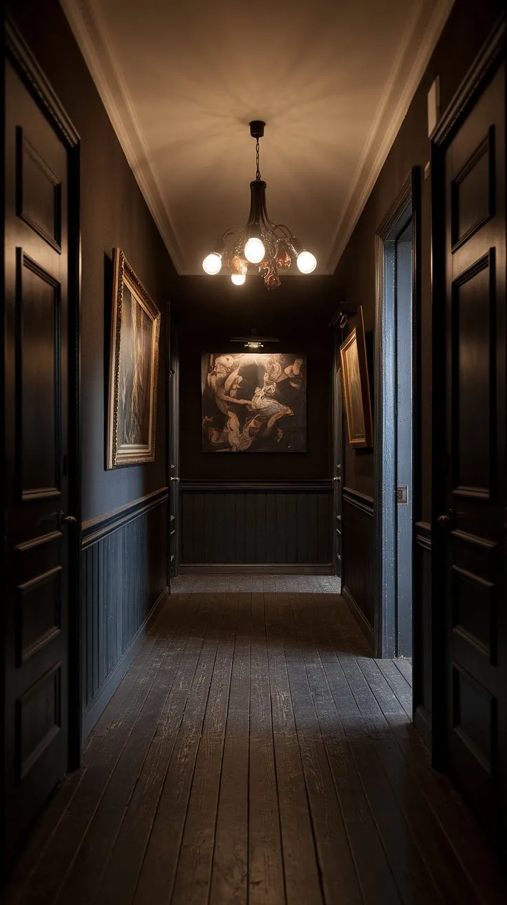 A symphony of shadows and light dances in this hallway, where antique grandeur and contemporary design intertwine. The rich, dark wood and classic paintings create a sense of history, while the modern chandelier adds a touch of unexpected brilliance. A space where the past and present beautifully coexist.
