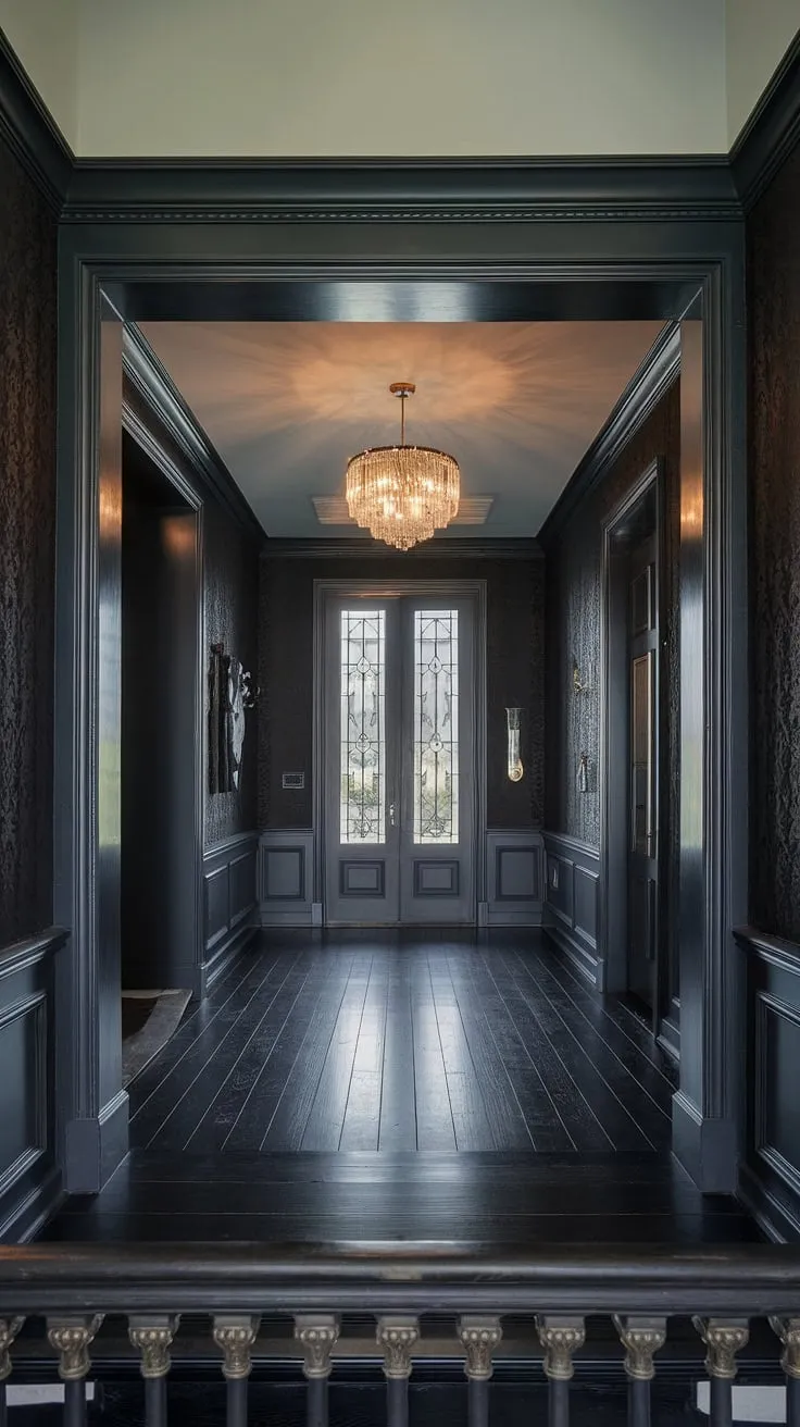Where Victorian elegance meets modern minimalism. The dark, dramatic wallpaper with its gold accents, high ceilings, and gleaming wood floors create an atmosphere both opulent and unexpectedly contemporary. A perfect blend of old-world charm and sleek, stylish living.