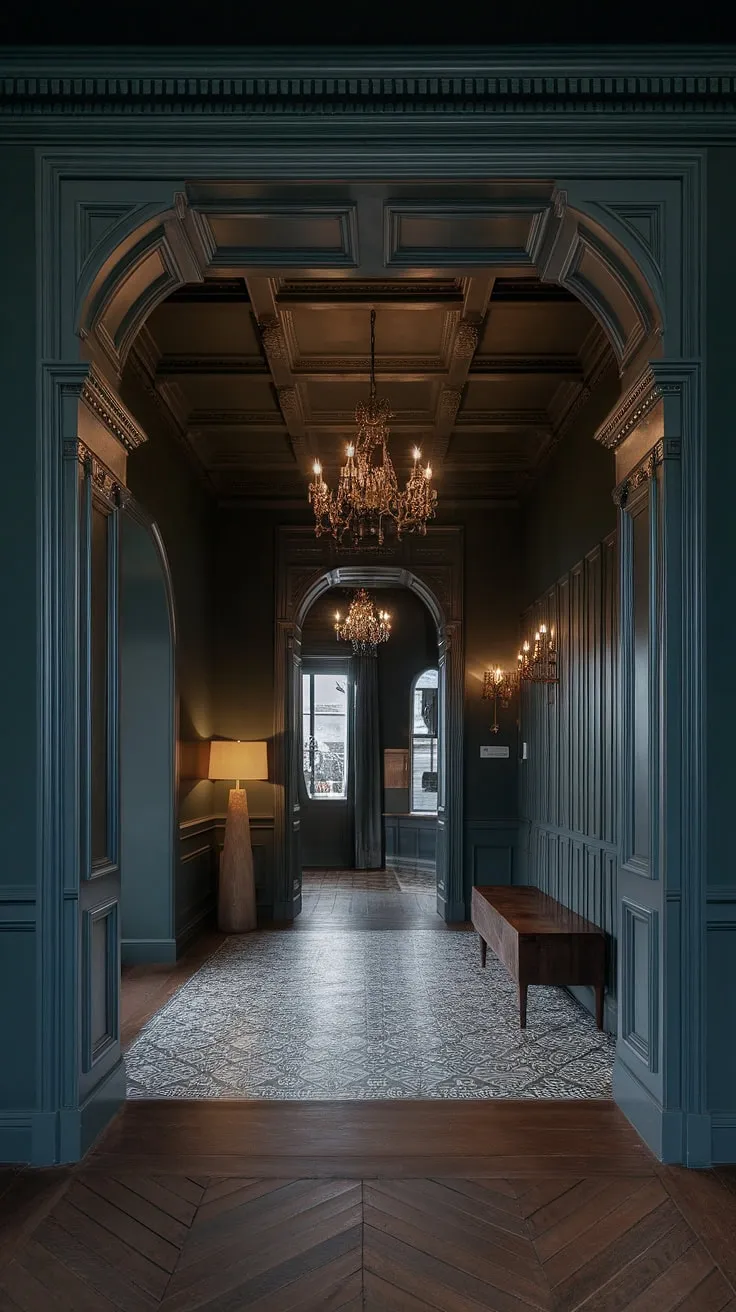 Where old-world charm meets modern minimalism. The rich, dark green walls and intricate Victorian woodwork create a dramatic backdrop, while the clean lines of the furniture and lighting offer a contemporary counterpoint. A perfect blend of eras, this space effortlessly balances history and style. A sense of timeless elegance pervades every detail.