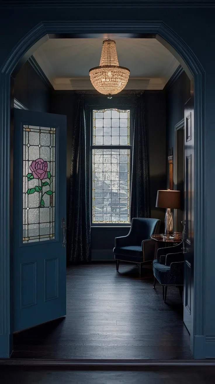Where Victorian elegance meets modern mystery. A deep blue embrace, a stained-glass rose hinting at secrets, and the soft glow of a lamp illuminating the path ahead. A space where history whispers and the present awaits.