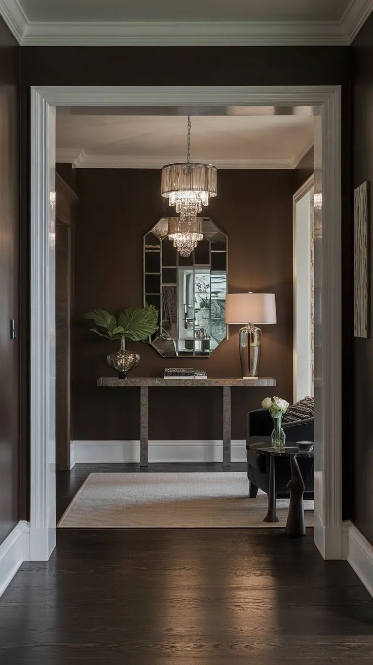 Dark, dramatic, and undeniably alluring. This entryway, with its rich textures and subtle lighting, whispers tales of bygone eras while embracing the sleek lines of modern design. A testament to the enduring power of timeless style.