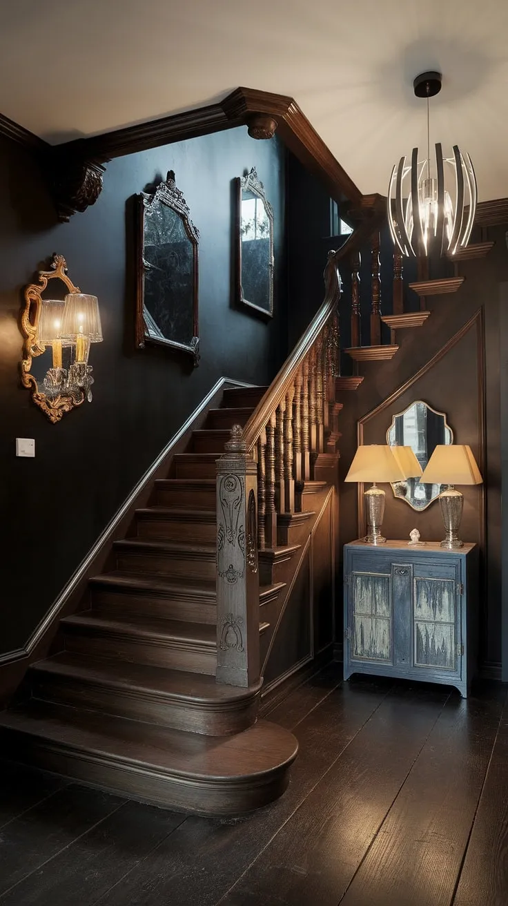 A dark and dramatic entryway, reimagined. The rich wood tones of the staircase, accented by vintage mirrors and lamps, are beautifully offset by the clean lines of the modern chandelier. A perfect example of how to seamlessly blend styles for a truly unforgettable home. A space where history and modernity coexist in perfect harmony.