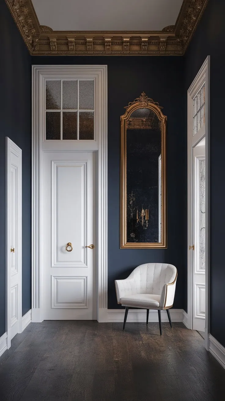 Where old-world charm meets modern elegance. The deep blue walls and gold accents create a captivating contrast in this Victorian hallway, a testament to the enduring power of design. A perfect blend of the classic and contemporary, this space effortlessly balances history and style.