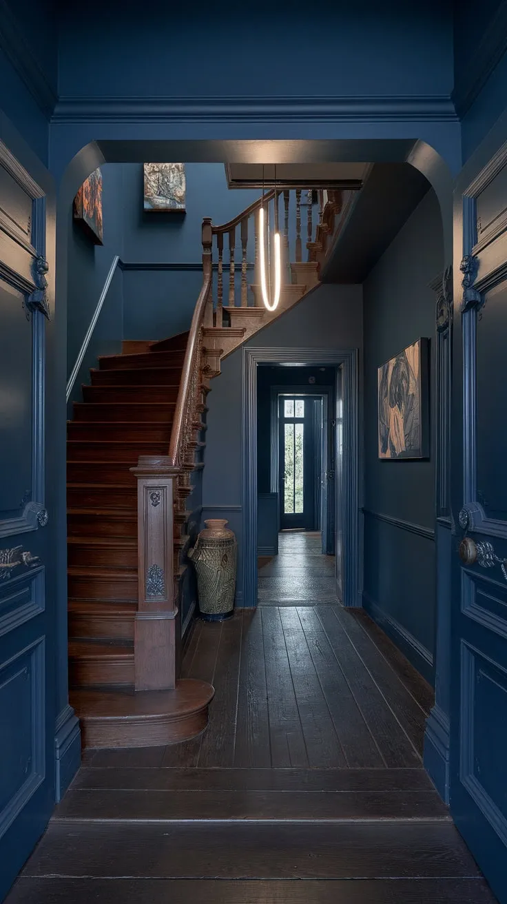 A dramatic entryway, bathed in deep blue hues, showcases the stunning juxtaposition of a classic Victorian staircase and a minimalist light fixture. The dark wood floors and carefully curated artwork complete the scene, creating a space that is both moody and inviting. A truly unique and stylish home.
