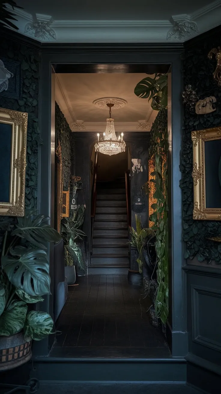 A labyrinth of shadows and secrets unfolds within these walls. Ornate gold frames, like watchful eyes, adorn the hallway, their reflections dancing in the polished wood floor. The air hangs heavy with the scent of aged wood and damp earth, the only illumination provided by a flickering chandelier above and the verdant life clinging to the walls. A chilling beauty resides here.