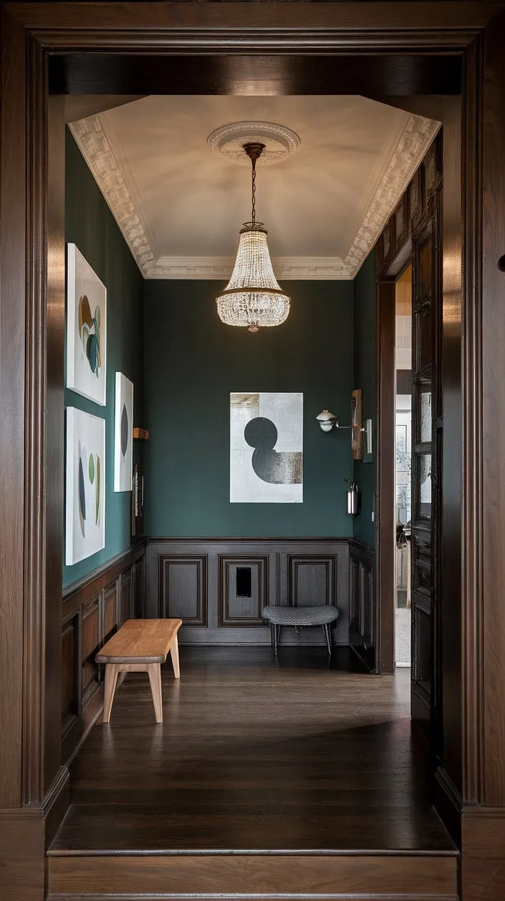 Where Victorian elegance meets modern minimalism. The dark wood paneling and deep green walls create a dramatic backdrop for the contemporary art pieces, showcasing a stunning blend of eras. A perfect example of how classic architecture can be reimagined for today's living.