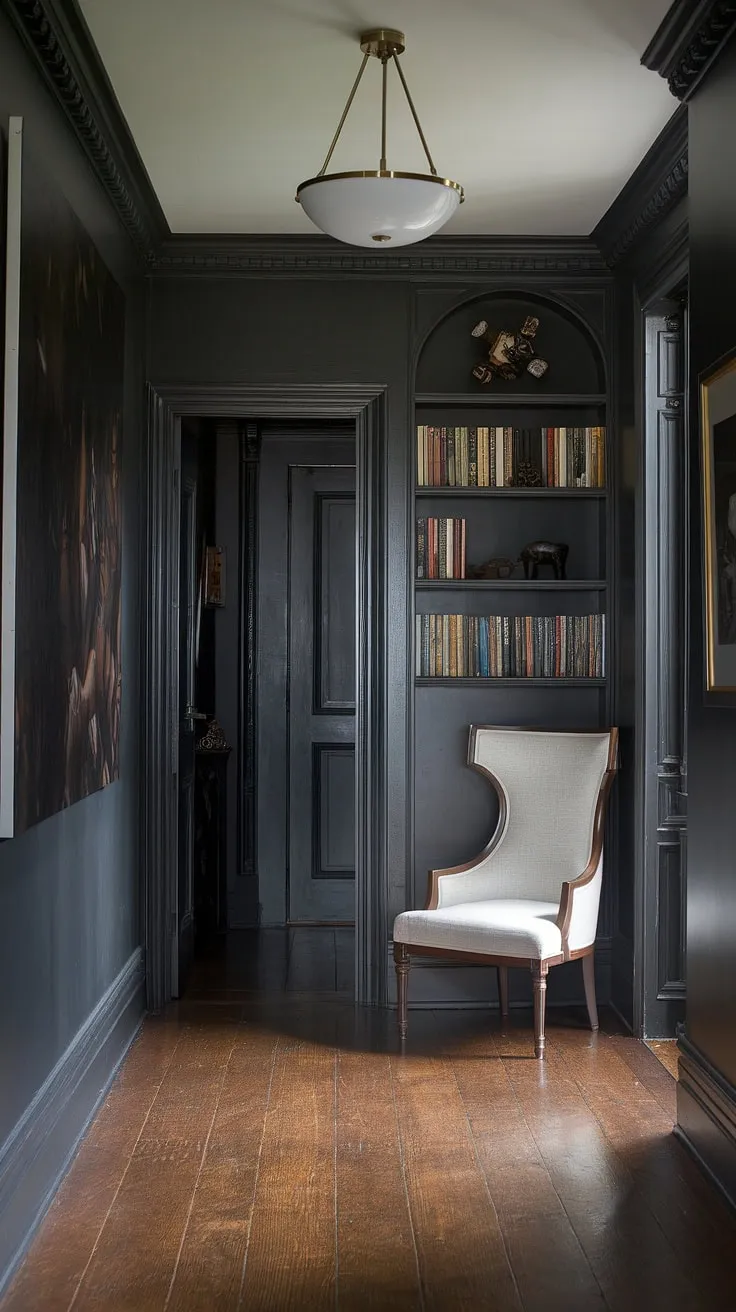 Where Victorian grandeur meets modern minimalism. A striking juxtaposition of dark walls, rich wood floors, and a sleek contemporary light fixture creates an unexpected harmony in this captivating entryway. The carefully curated bookshelf and dramatic artwork complete the scene, showcasing a sophisticated blend of old and new.