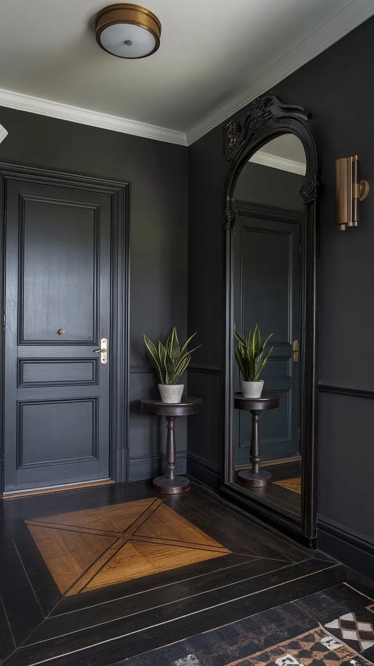 Dark drama meets modern elegance in this Victorian entryway. The interplay of deep grey walls, a geometric floor, and a sleek black door with a golden accent creates a captivating space, perfectly balanced by the rich wood of the mirror and the subtle greenery. A touch of unexpected luxury.