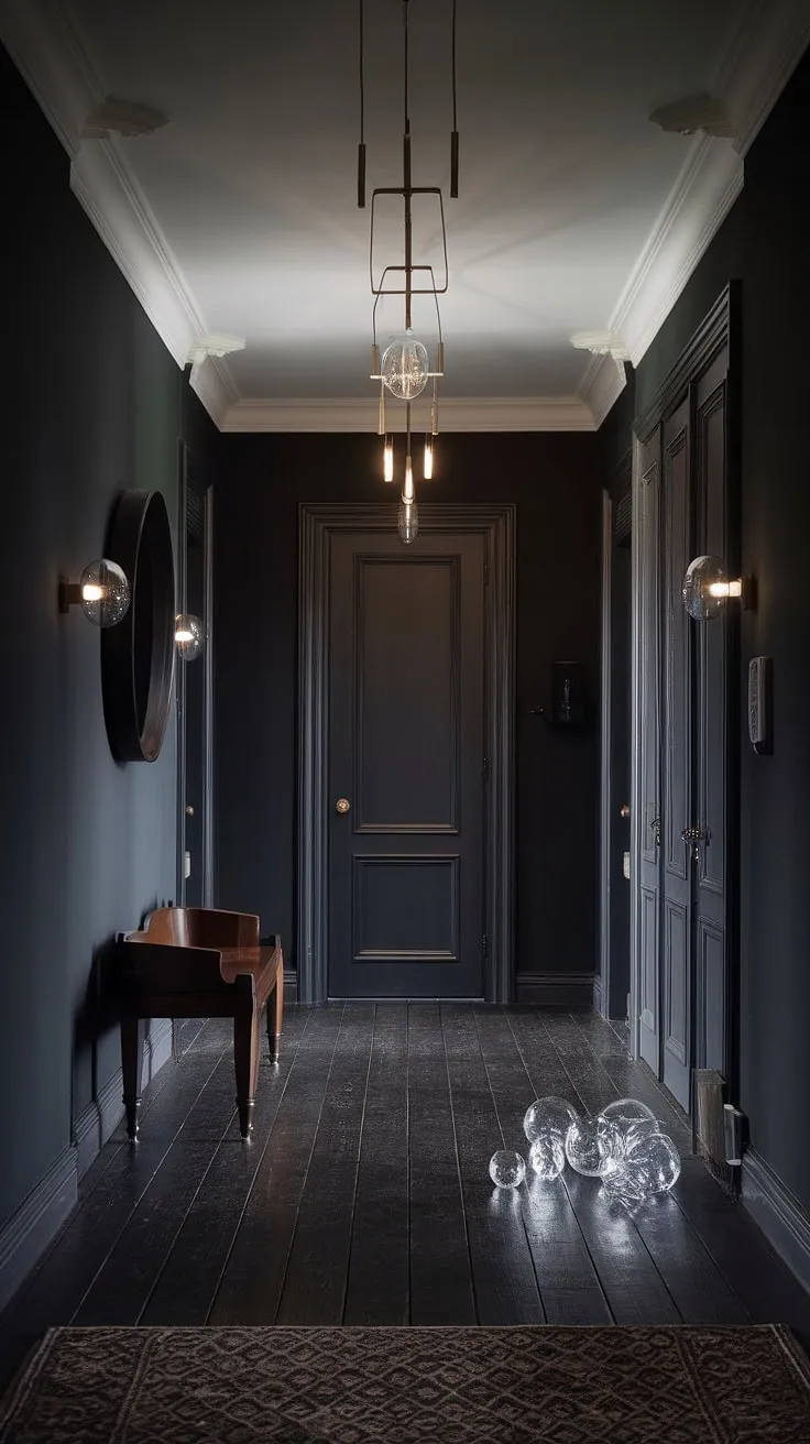 Dark drama and subtle sophistication. This hallway's rich textures and deep hues are unexpectedly brightened by the clear glass orbs of the modern chandelier, a striking contrast that elevates the space. A stunning example of how to seamlessly integrate old-world charm with contemporary design.