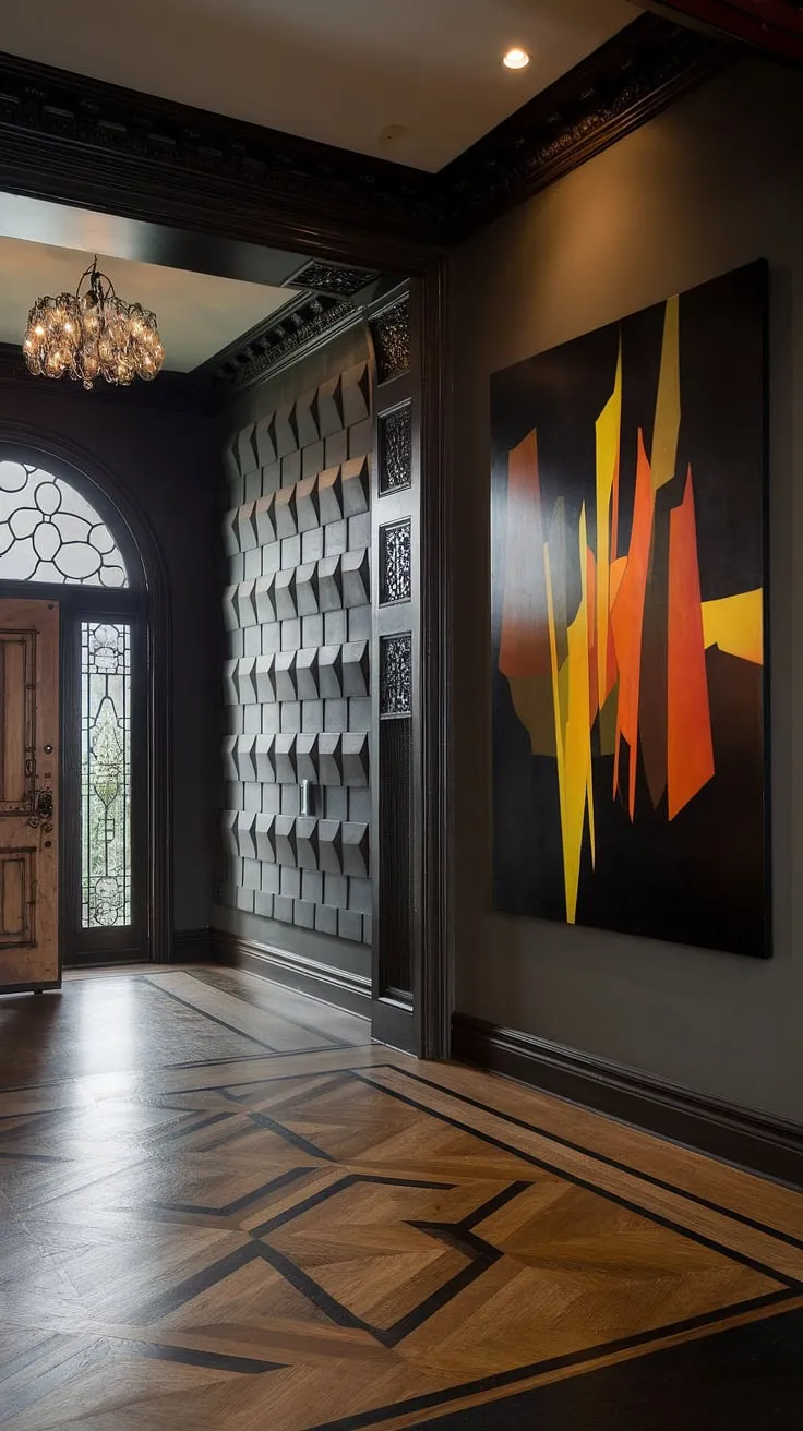A whispered promise of what lies beyond. This dramatic hallway, with its ornate door, geometric flooring, and vibrant abstract art, invites exploration. The juxtaposition of historical detail and contemporary flair is breathtaking. A space where history and modernity dance.