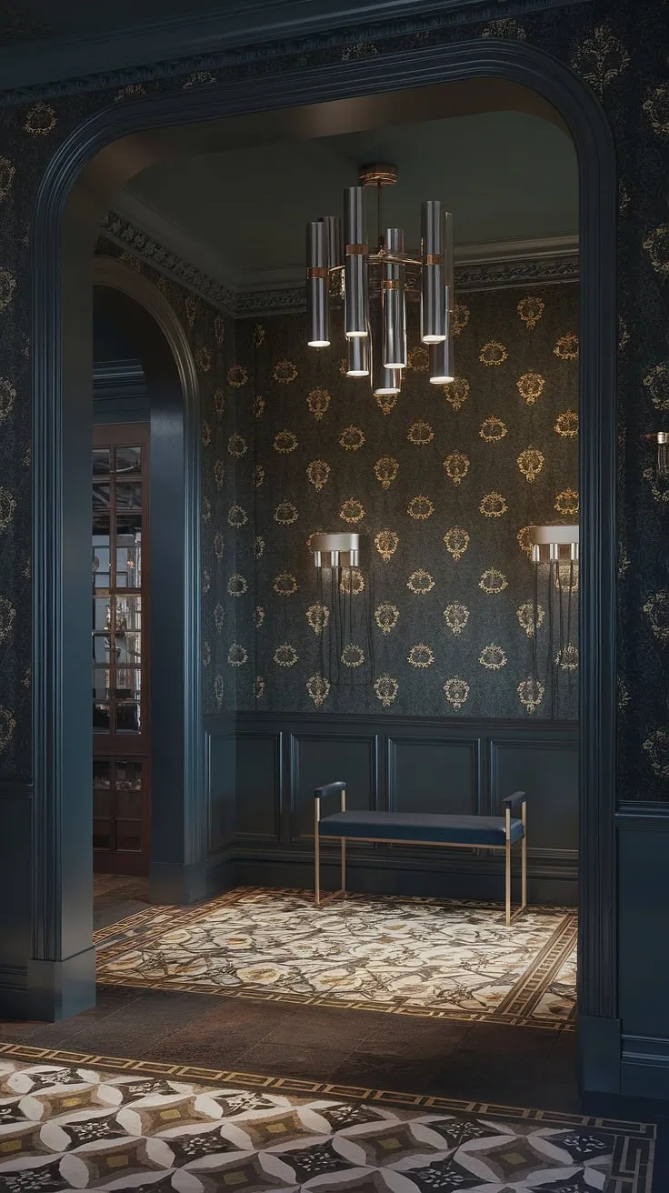 Where old-world charm meets modern minimalism. The juxtaposition of the Victorian architecture-dark wood paneling, high ceilings, and intricate wallpaper-with the sleek lines of the contemporary chandelier and gold-framed bench creates a captivating contrast. A testament to the enduring beauty of history reimagined for today.