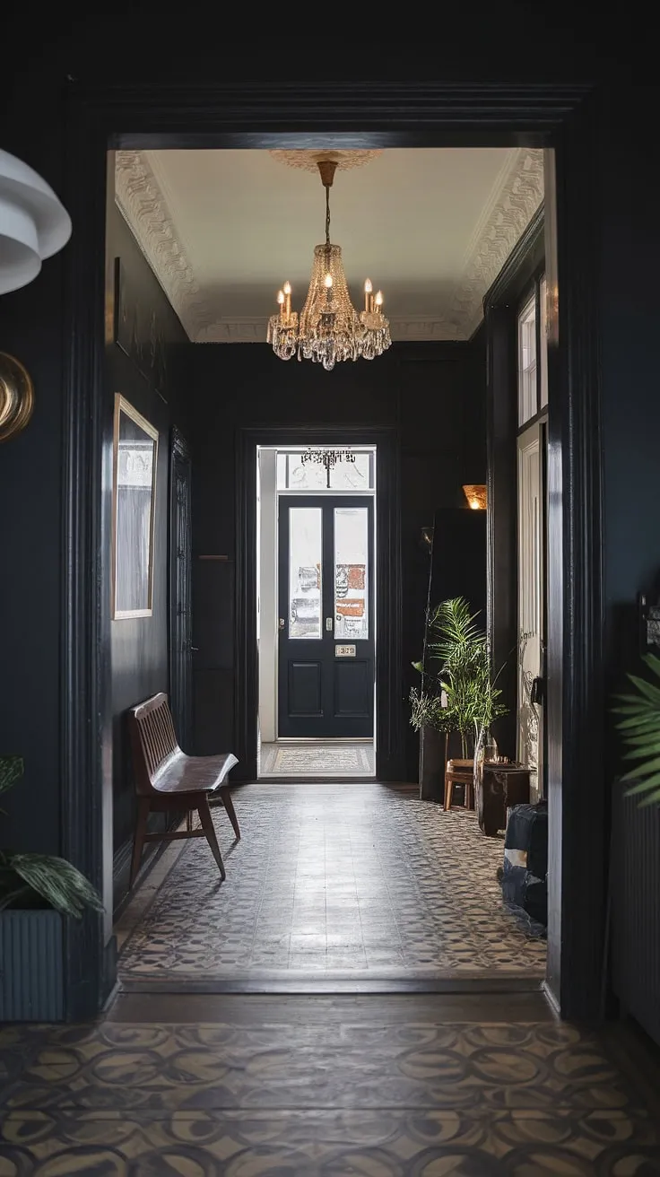Where Victorian grandeur meets modern minimalism. The dark, high-ceilinged entryway, complete with a stunning chandelier and patterned floor, is softened by the unexpected pops of greenery and contemporary lighting, creating a space that's both dramatic and inviting. A perfect blend of old-world charm and sleek, updated style.
