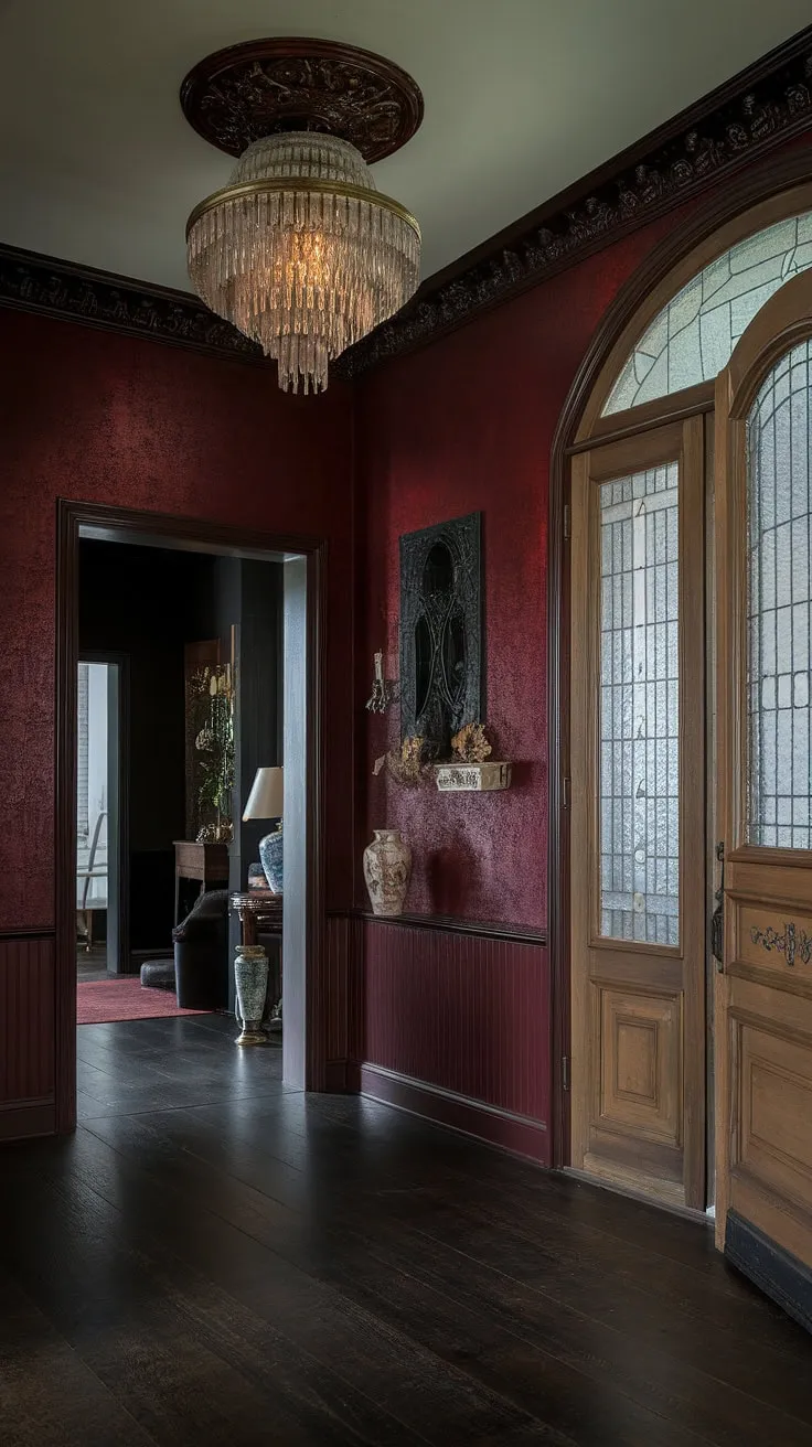 Lost in the crimson embrace of a bygone era, this Victorian hallway whispers tales of forgotten elegance. The ornate chandelier casts a dim glow, illuminating the textured walls and hinting at the secrets held within the frosted glass door. A sense of mystery hangs heavy in the air, a palpable reminder of lives lived and stories untold.