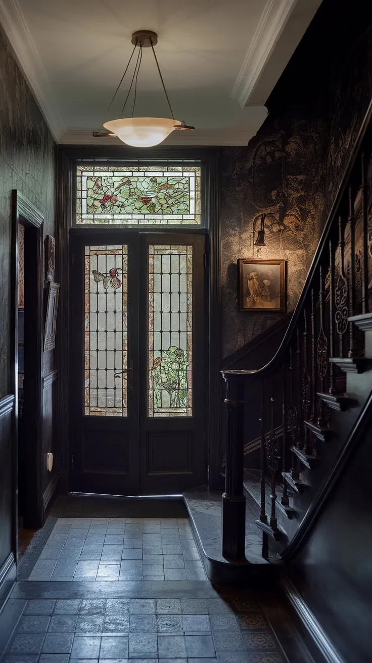 Where Victorian grandeur meets modern minimalism. A stunning juxtaposition of dark wood, intricate stained glass, and a sleek, contemporary light fixture creates an atmosphere both dramatic and inviting. The patterned tiles underfoot and vintage artwork complete this captivating blend of eras.
