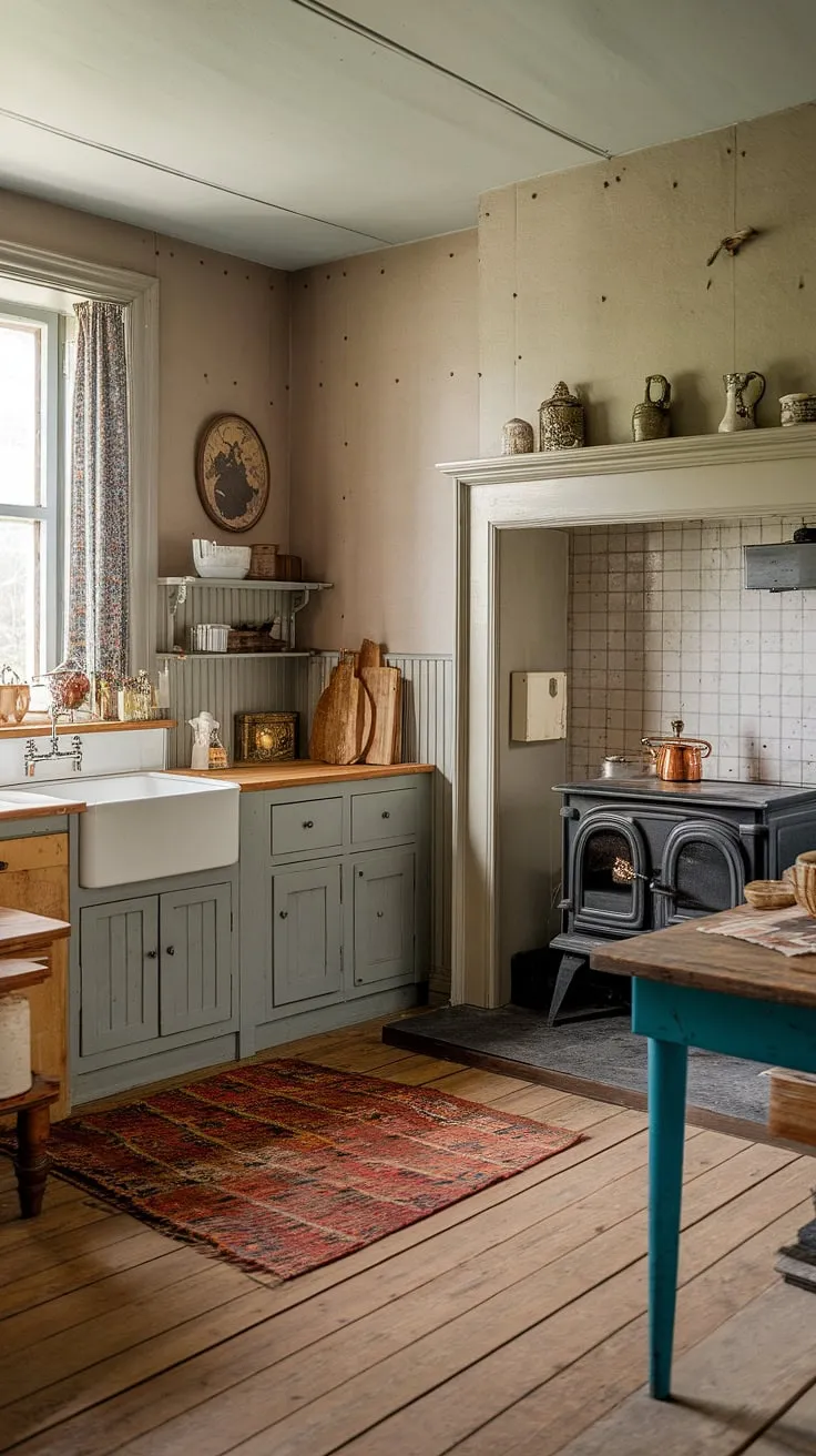 Evoking a vintage charm, the Victorian farmhouse kitchen's aged wood and traditional layout whisper tales of simpler times