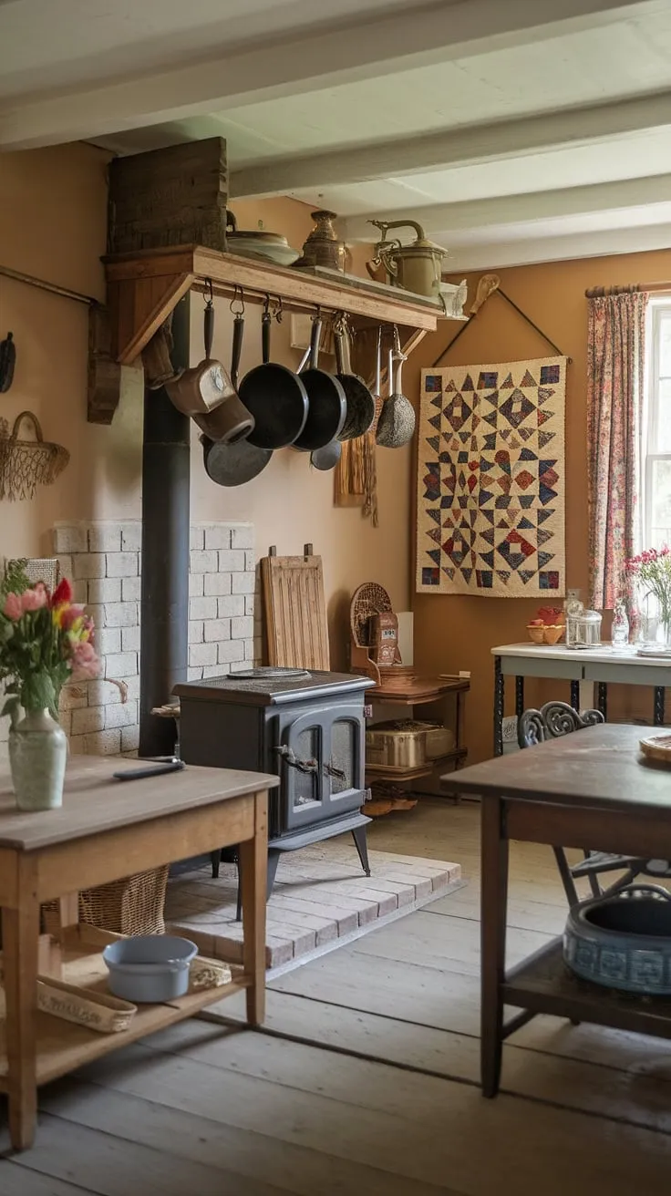 A folk Victorian kitchen evokes a sense of home in a historic farmhouse, complete with antique details and comforting warmth.