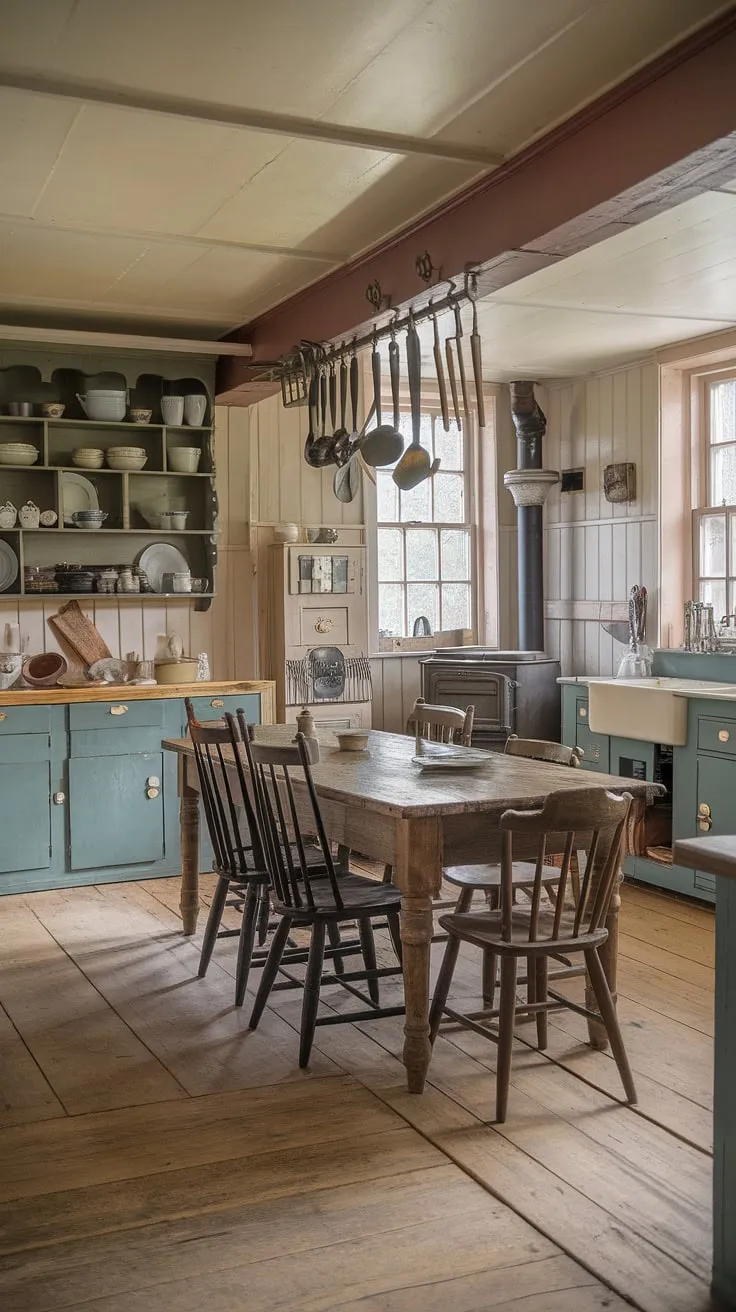 A 1910s Victorian farmhouse kitchen evokes a charmingly traditional atmosphere with its wooden table, stove, and vintage dishware.