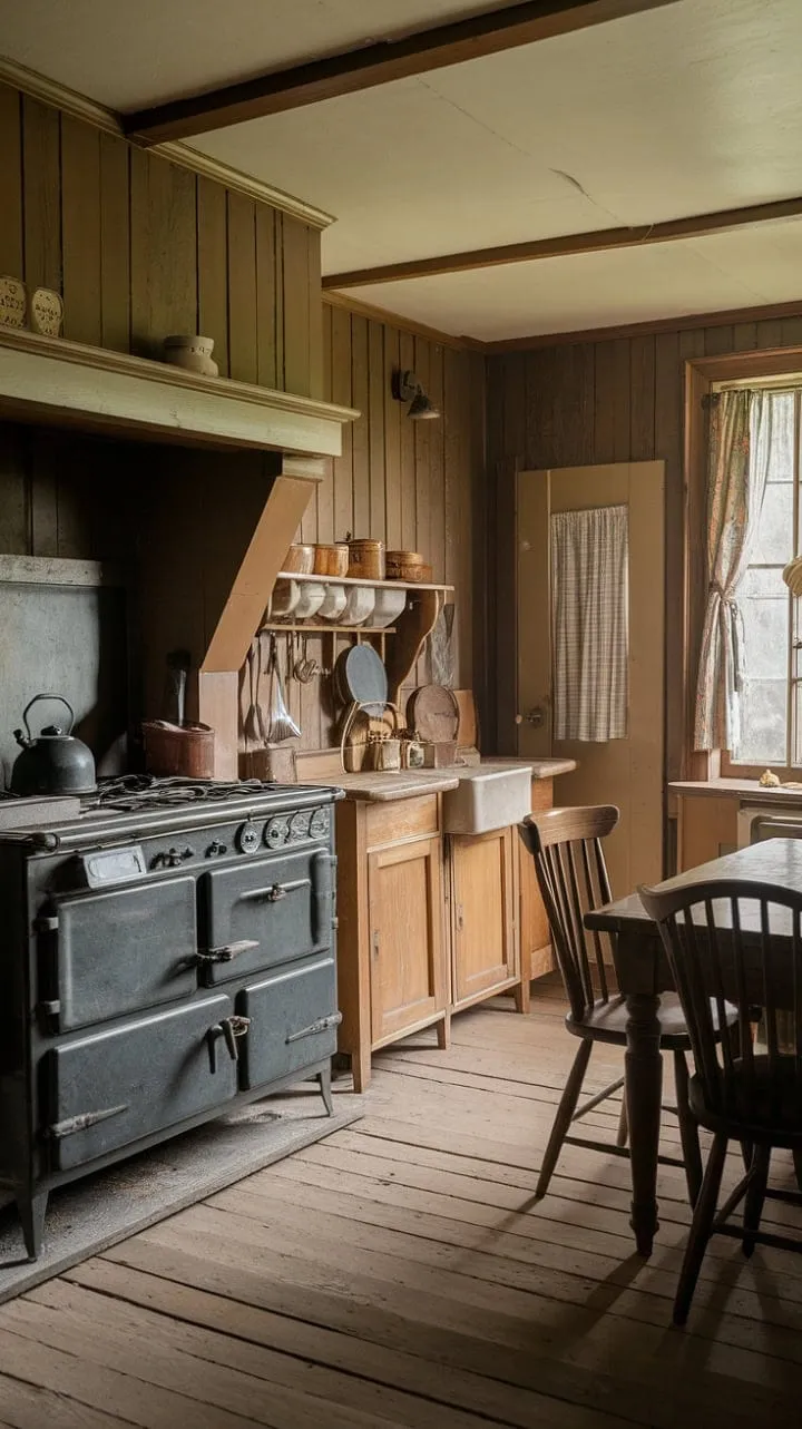 Step into this charming 1860s farmhouse kitchen, where handcrafted details and a cozy stove evoke the warmth and tales of a bygone era.