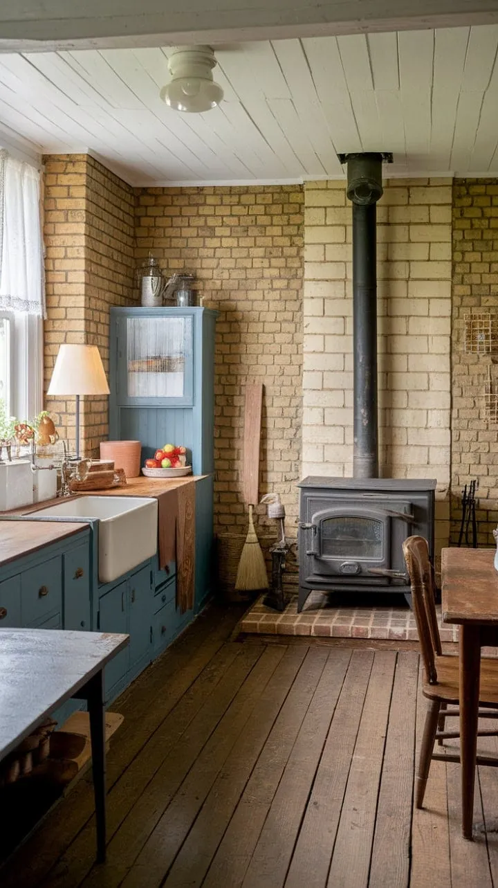 In a cozy 1860s Victorian farmhouse, the inviting glow of a wood stove and the scent of freshly baked bread create a nostalgic tapestry of simple pleasures and artisanal warmth.