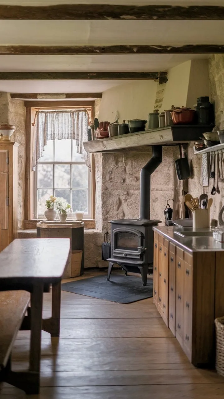 In this rustic Victorian kitchen, the aged wood resonates with the echoes of cherished family traditions, creating a warm tapestry of simpler times.