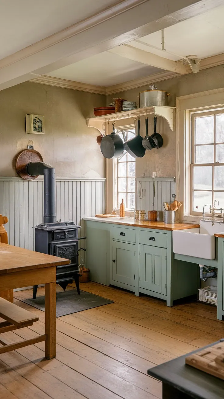 A Victorian farmhouse kitchen evokes a bygone era with its wood stove, simple furnishings, and traditional layout.