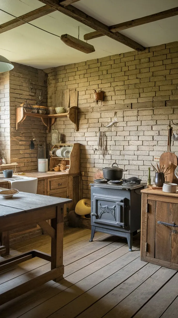 Step back in time with this rustic 1860s Victorian farmhouse kitchen, its cast iron stove and wooden furnishings whispering tales of simpler days.