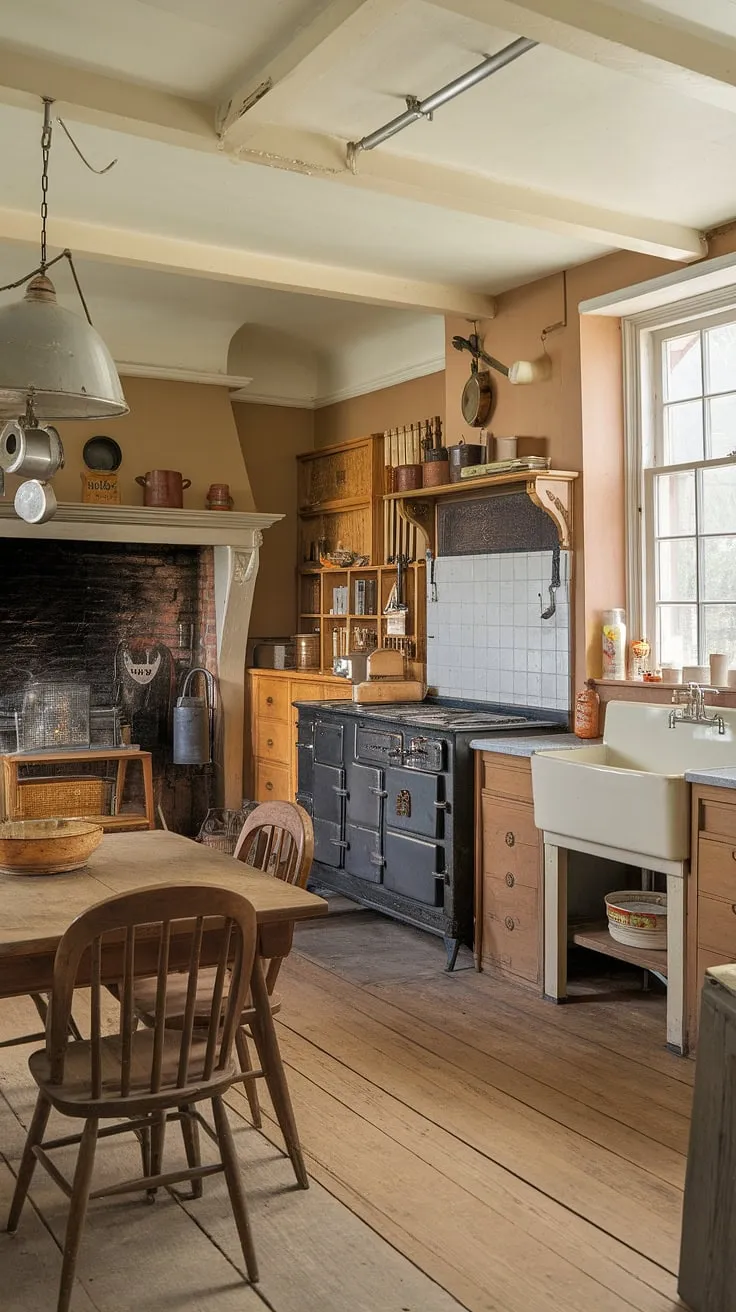 Warm beige walls and wooden floors highlight a charming Victorian farmhouse kitchen, complete with a vintage stove, fireplace, and hanging copper pots.