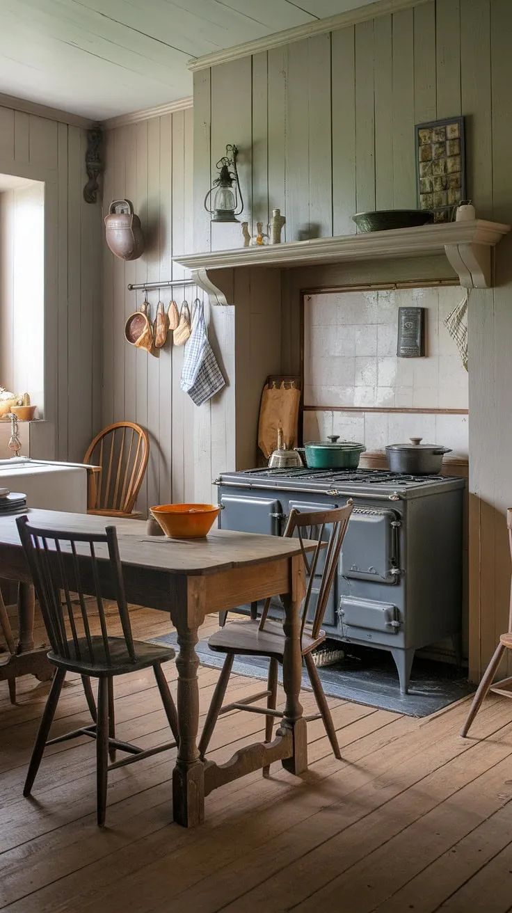 The historic farmhouse kitchen's folk Victorian design creates a cozy and inviting space.