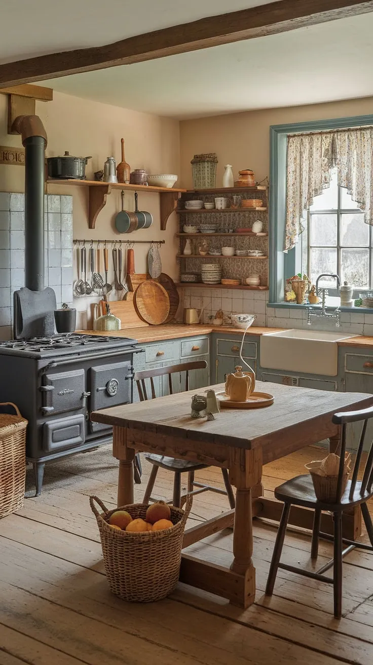 Warmth and charm fill a Victorian farmhouse kitchen, its traditional design highlighted by a large wooden table and vintage stove.