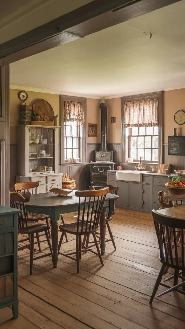 The Victorian farmhouse kitchen, with its rustic wood floors and vintage stove, radiates a cozy charm that beckons families to gather and forge unforgettable memories.