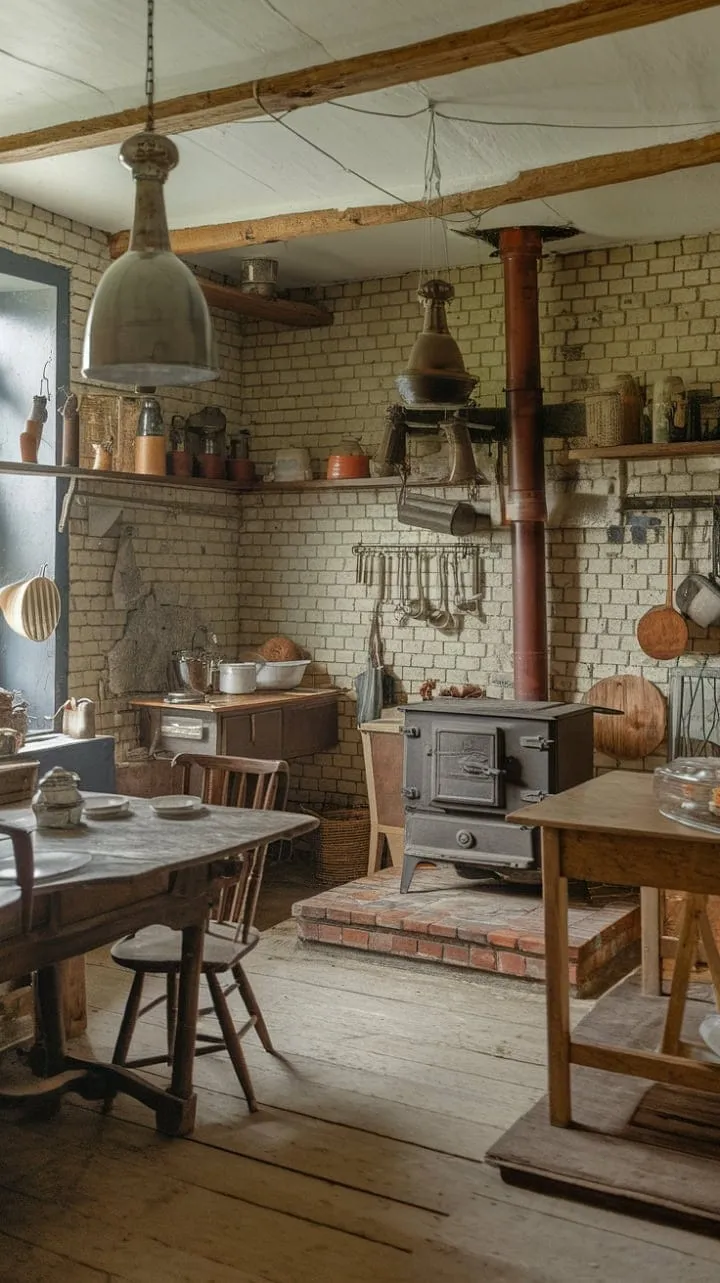 In an 1860s Victorian kitchen, the warm embrace of timeworn brick and gleaming copper pots conjures a nostalgic haven of culinary history and home-cooked delights.