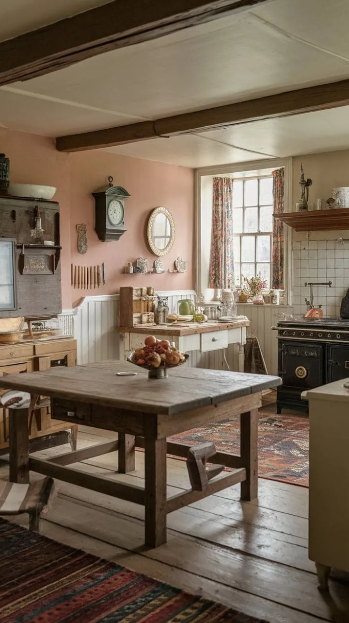 Sunlight floods the Victorian farmhouse kitchen, where the warmth of rich wood and antique furnishings whispers tales of generations gone by.
