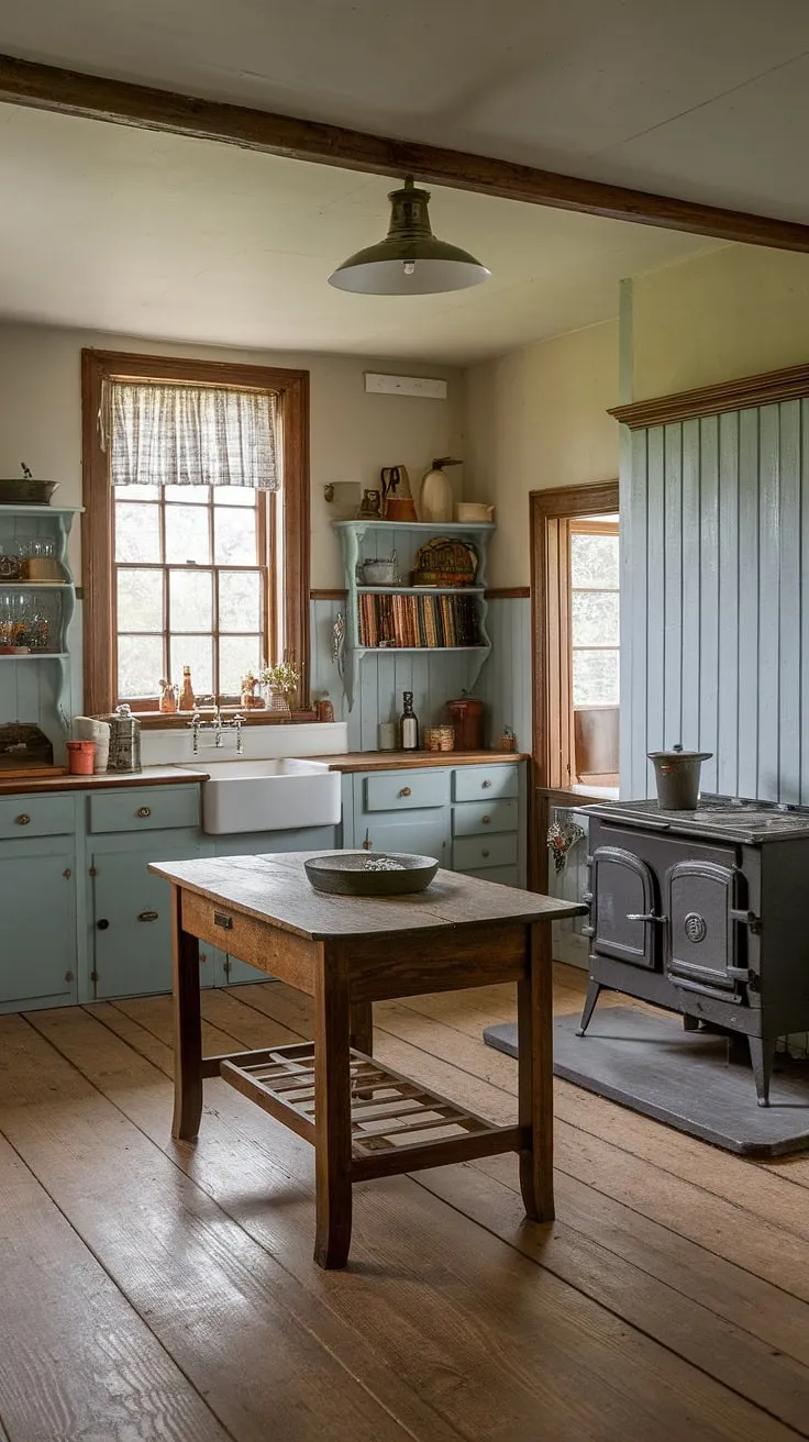 Step back in time with this evocative photo of an 1860s Victorian farmhouse kitchen, complete with its charming antique details.