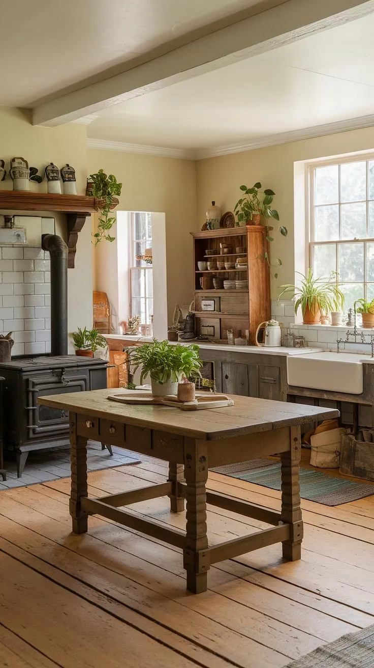 Step back in time to a charming Victorian farmhouse kitchen, complete with antique appliances and a warm, inviting atmosphere